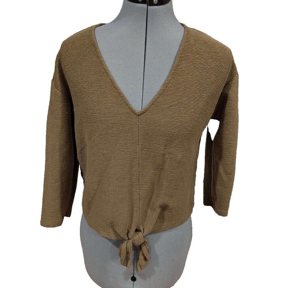 Madewell Medium Texture And Thread Tie Front 3/4 Sleeve Shirt Olive Green